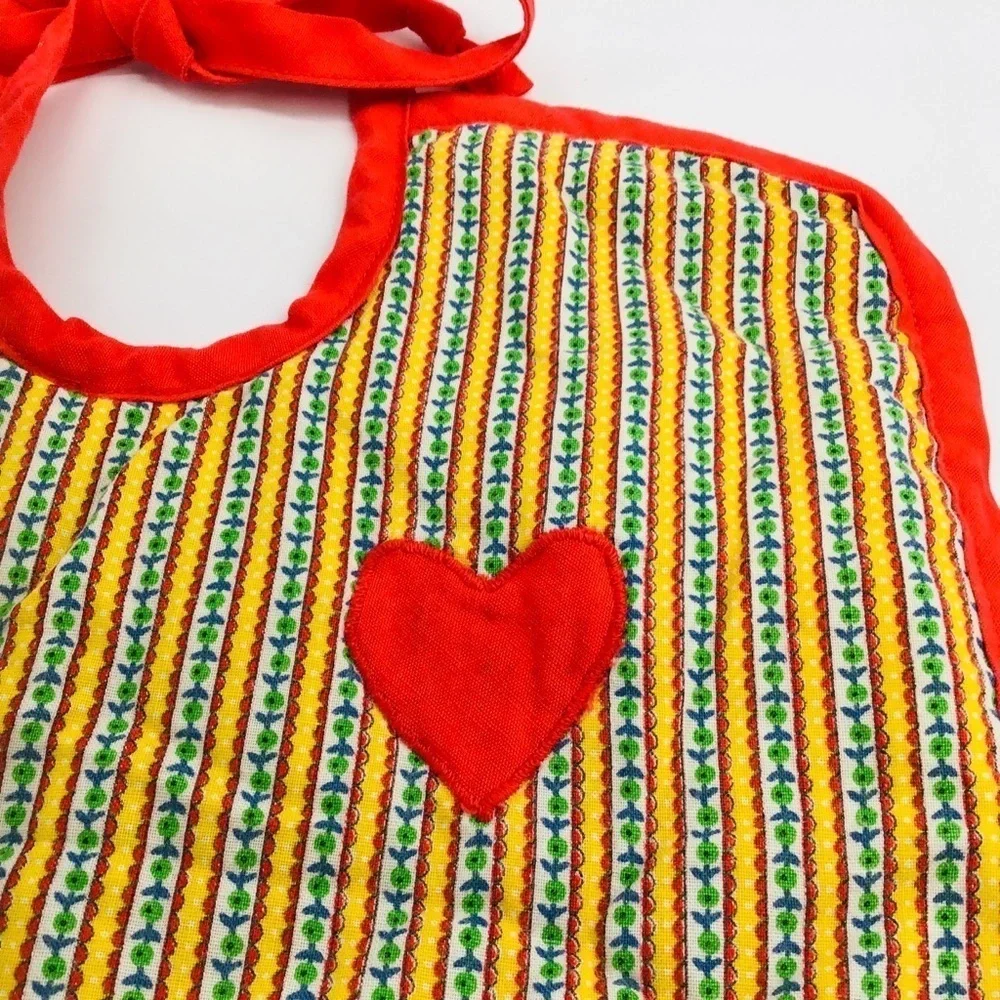 Vintage Handmade Baby Bib Quilted Floral Heart Cottage Little House Floral